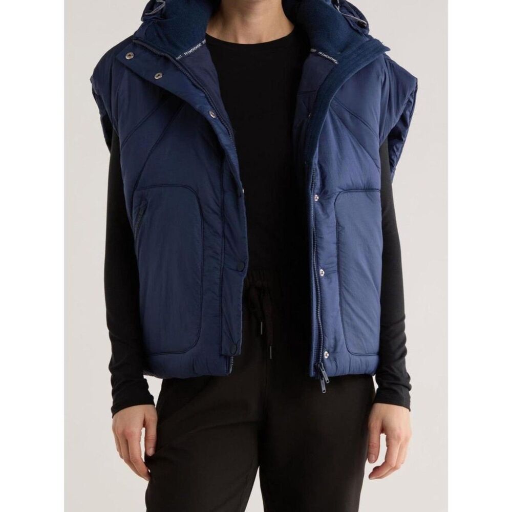 Free People FP Movement Navy Quilted Parker Hooded Puffer Vest Size Small NWT